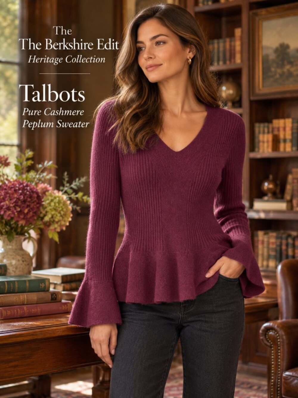 Talbots Pure Cashmere Sweater L Burgundy Peplum Bell Sleeve Ribbed V-Neck